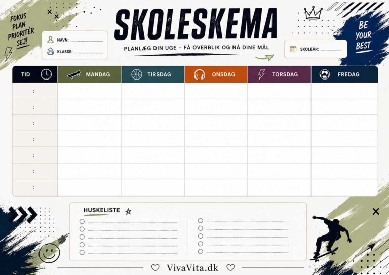 Gratis Skoleskema Skabelon til Drenge - et moderne og maskulint skoleskema
