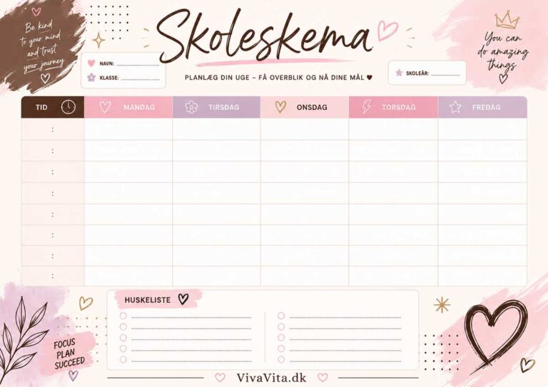 Gratis Skoleskema Skabelon til Piger er et elegant og moderne skoleskema i A4 liggende format med et feminint design