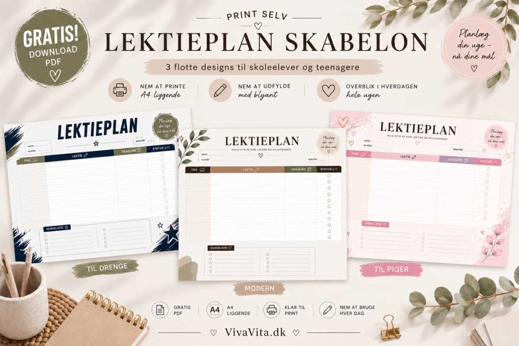 Gratis Lektieplan Skabelon (PDF) | Print selv