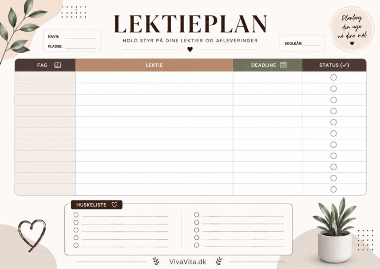 Lektieplan Gratis Skabelon - Print-Selv