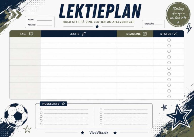 Lektieplan Gratis Skabelon til drenge - print selv
