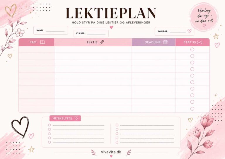 Lektieplan Gratis Skabelon til Piger - Print-Selv