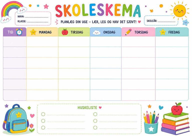 Skoleskema Skabelon Farverig Sjovt Skoleskema til Børn 0.-3. klasse