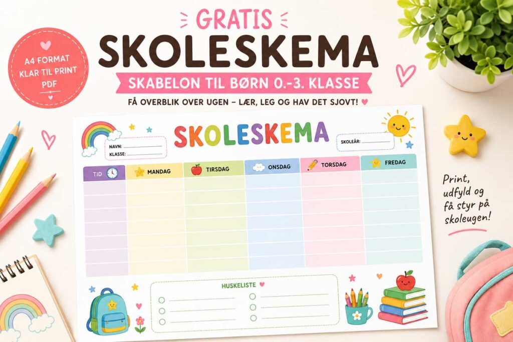 Skoleskema Skabelon til Børn Gratis Print Selv